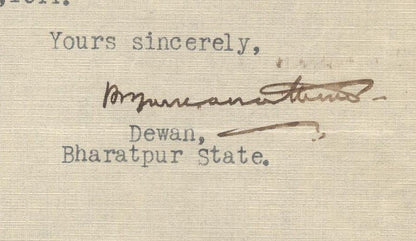 India 1944 crested letter BHARATPUR STATE signed Dewan
