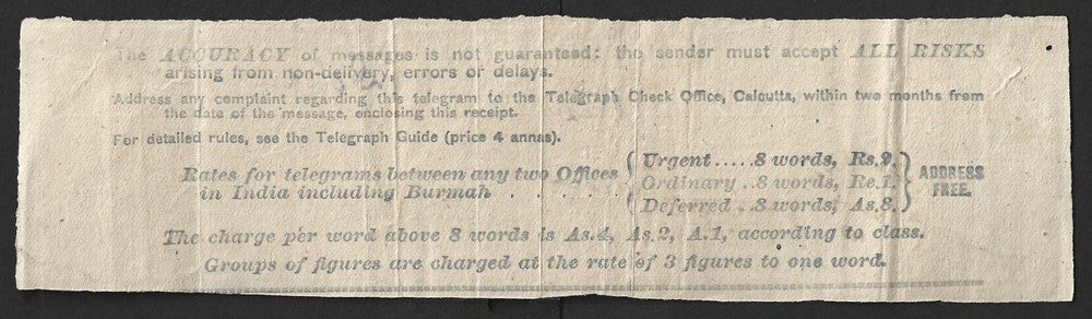 AOP India 1889 telegraph receipt with boxed TOO LATE canc sc NAWALGARH