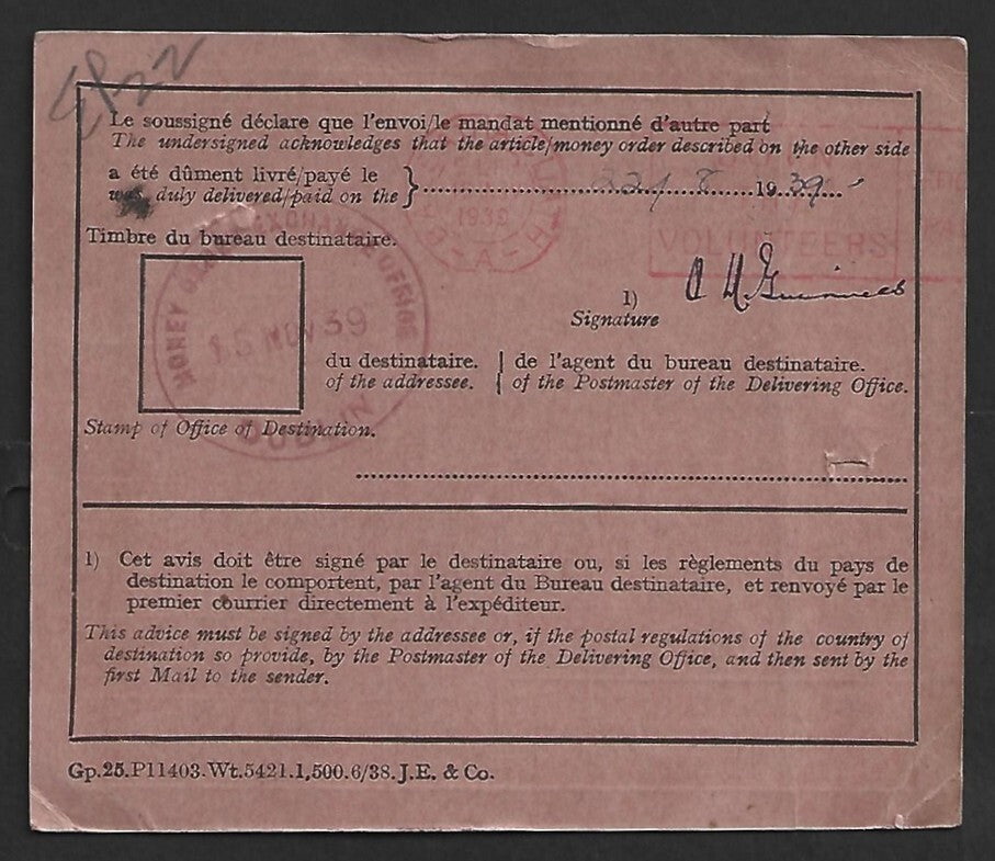 AOP Ireland AR card used 1939 to The Chief of Nawalgarh, India & back