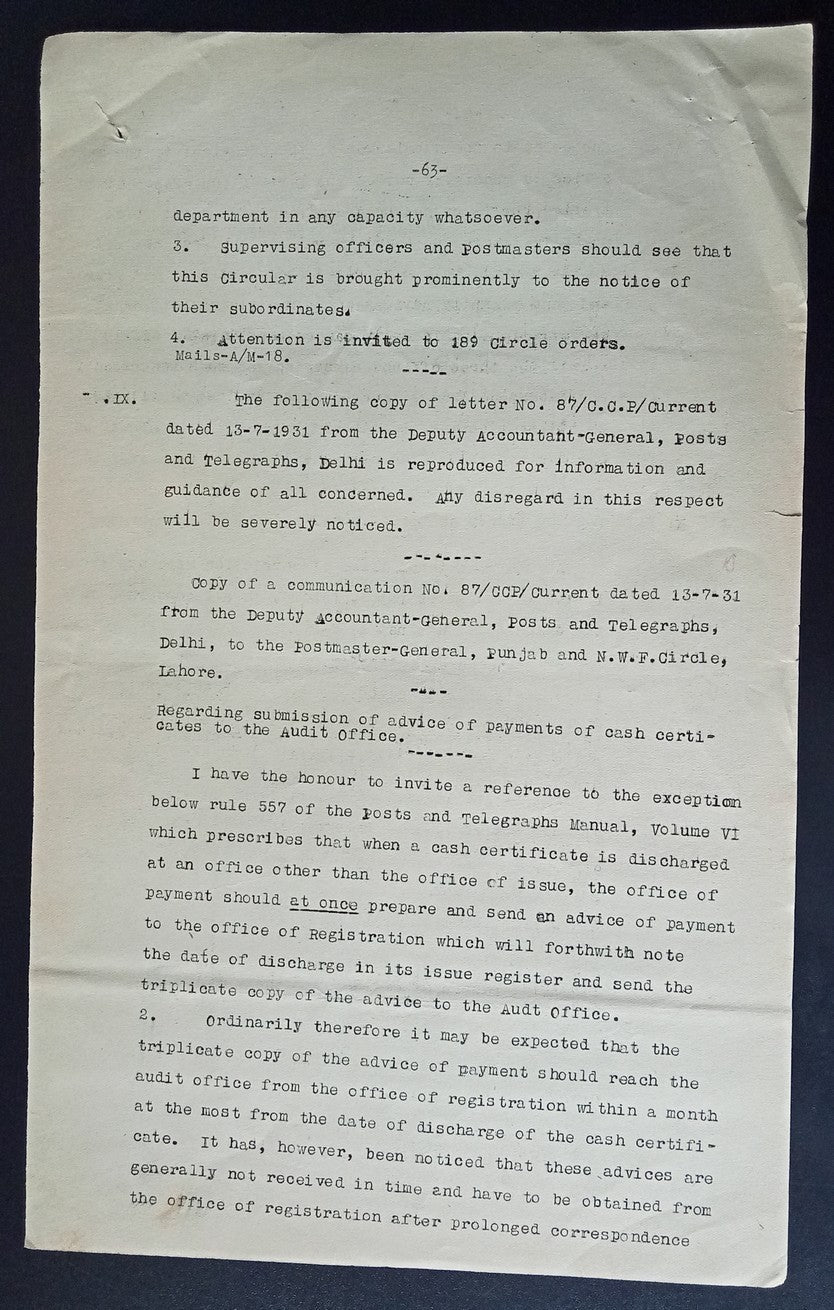 India 1931 PG'S POSTAL CIRCULAR List of convicted Postal Official & their crimes