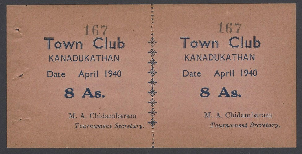 AOP India 1940 Cricket Tournament ticket signed M A CHIDAMBARAM