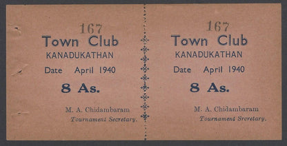 AOP India 1940 Cricket Tournament ticket signed M A CHIDAMBARAM