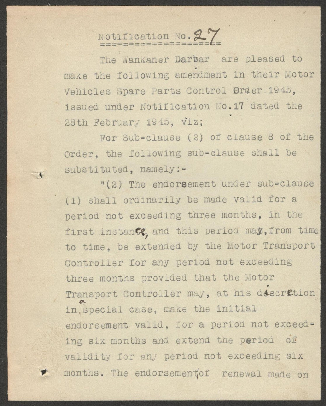 India 1945 MOTOR VEHICLES SPARE PARTS ORDER signed Amar Singh MAHARAJA WANKANER