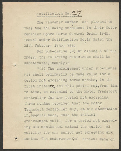 India 1945 MOTOR VEHICLES SPARE PARTS ORDER signed Amar Singh MAHARAJA WANKANER