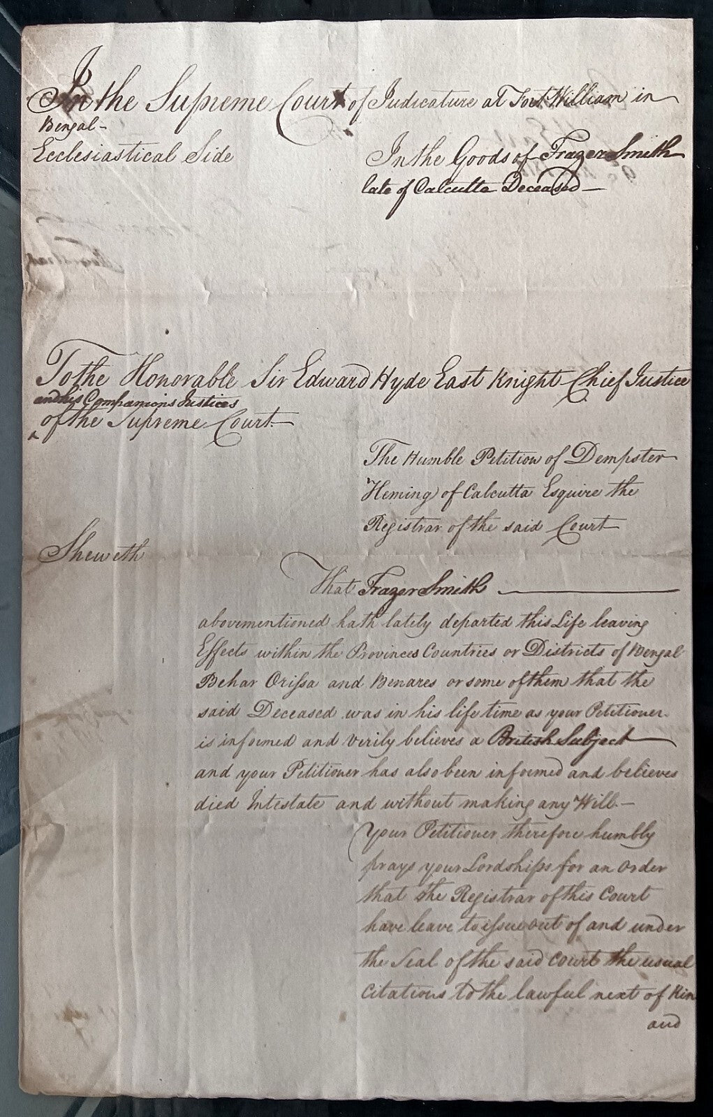 India King George IIII 1818 Fort William, Calcutta 2 page document