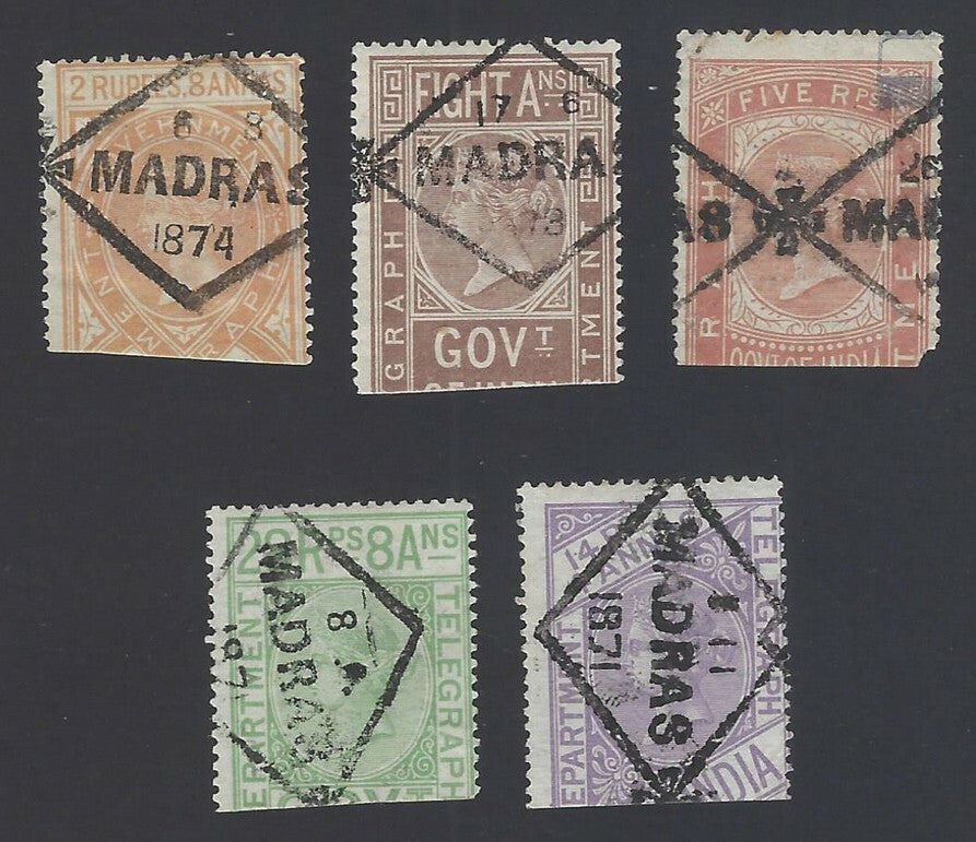 India QV Telegraph stamps canc. MADRAS diamonds (5)
