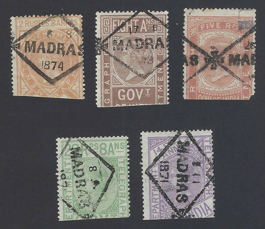 India QV Telegraph stamps canc. MADRAS diamonds (5)