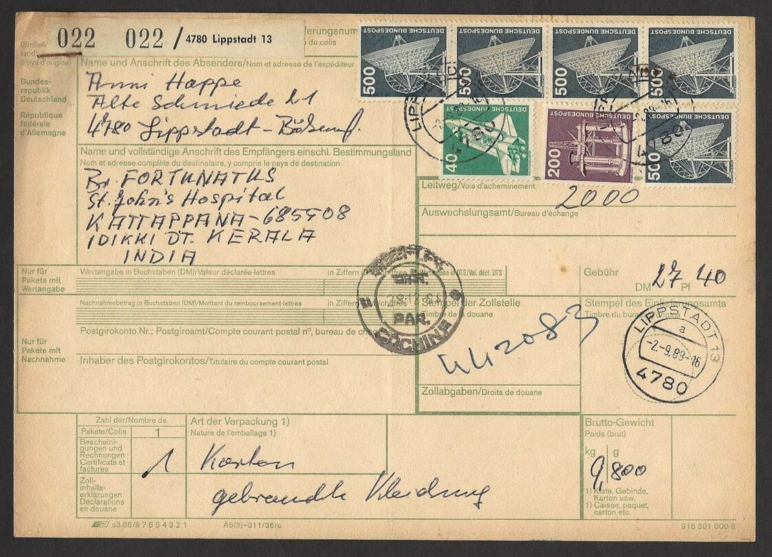Germany 1975 500pf x 5 on MiF parcel card to India