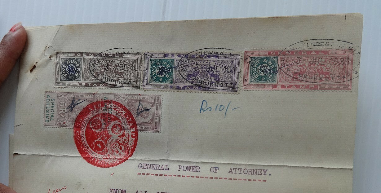 India Travancore revenue stamps 8a, 2R & 5R + India KGV 2R & 5R on document