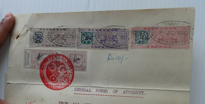 India Travancore revenue stamps 8a, 2R & 5R + India KGV 2R & 5R on document