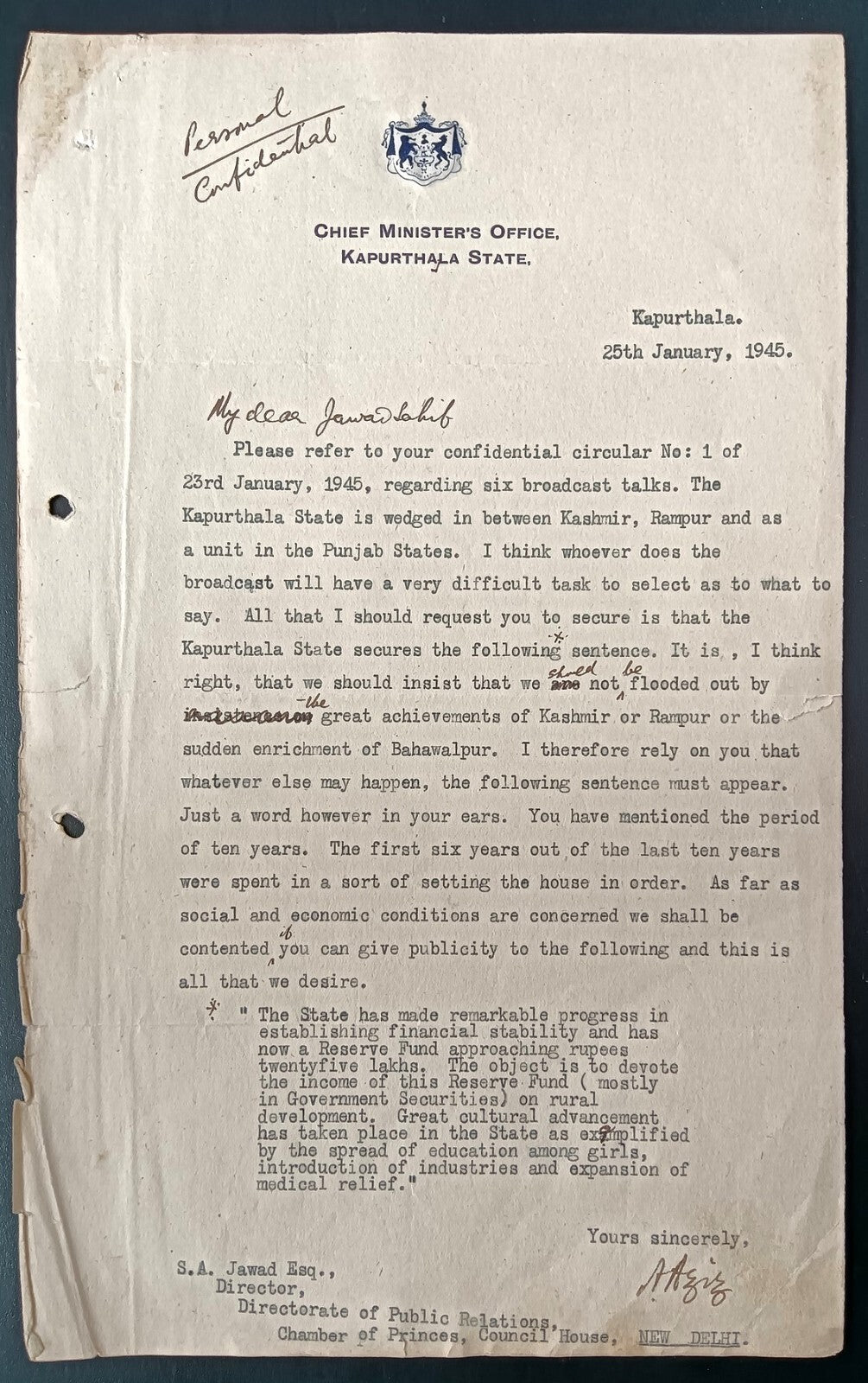 India 1945 crested letter CHIEF MINISTER KAPURTHALA STATE signed