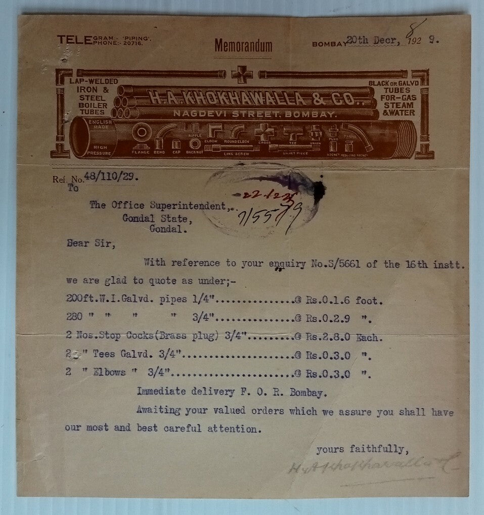 AOP India 1929 illustrated billhead LAP-WELDED IRON & STEEL BOILER Bombay