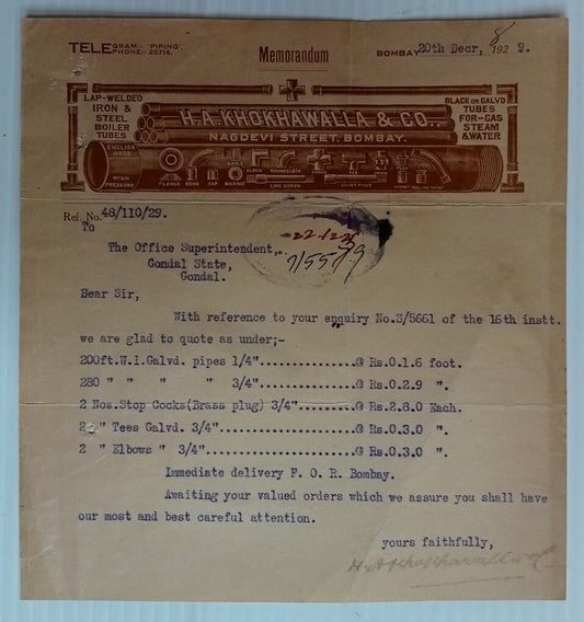 AOP India 1929 illustrated billhead LAP-WELDED IRON & STEEL BOILER Bombay