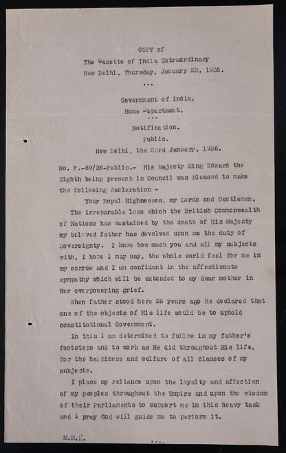 AOP India 1936 signed telegram copy - Universal sorrow for the demise of KGV