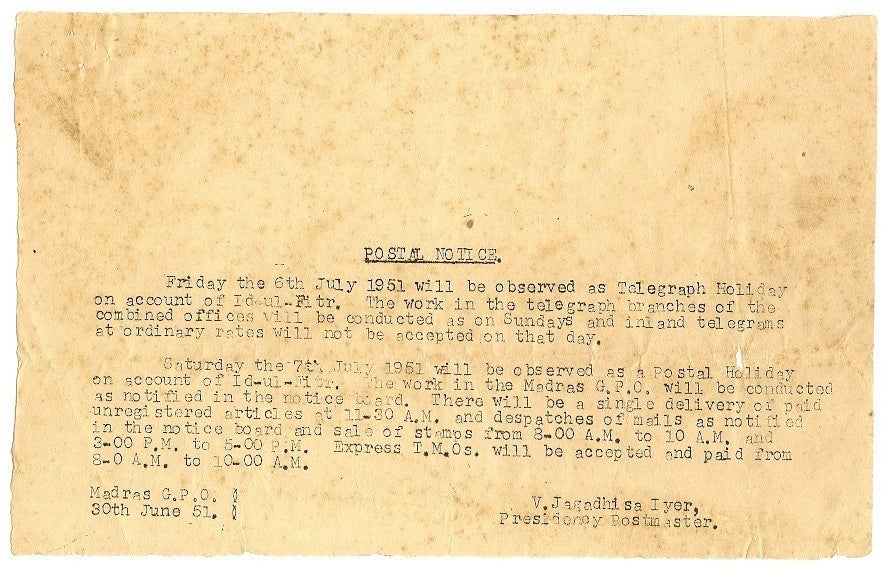 India 1951 Postal Notice 1dd Holiday