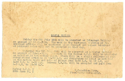 India 1951 Postal Notice 1dd Holiday