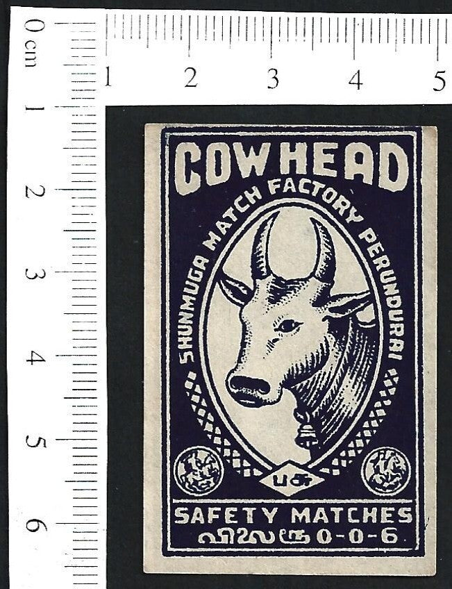 India vintage 1940s-50s matchbox label COW HEAD