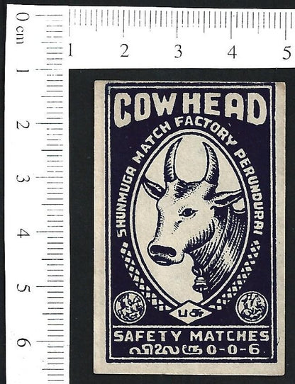 India vintage 1940s-50s matchbox label COW HEAD