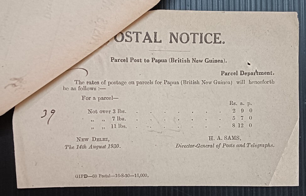 India POSTAL NOTICE 1930 Parcel Post to Papua (British New Guiana) + CIRCULAR