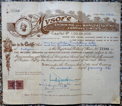India MYSORE SPINNING 1961 illustrated share certificate