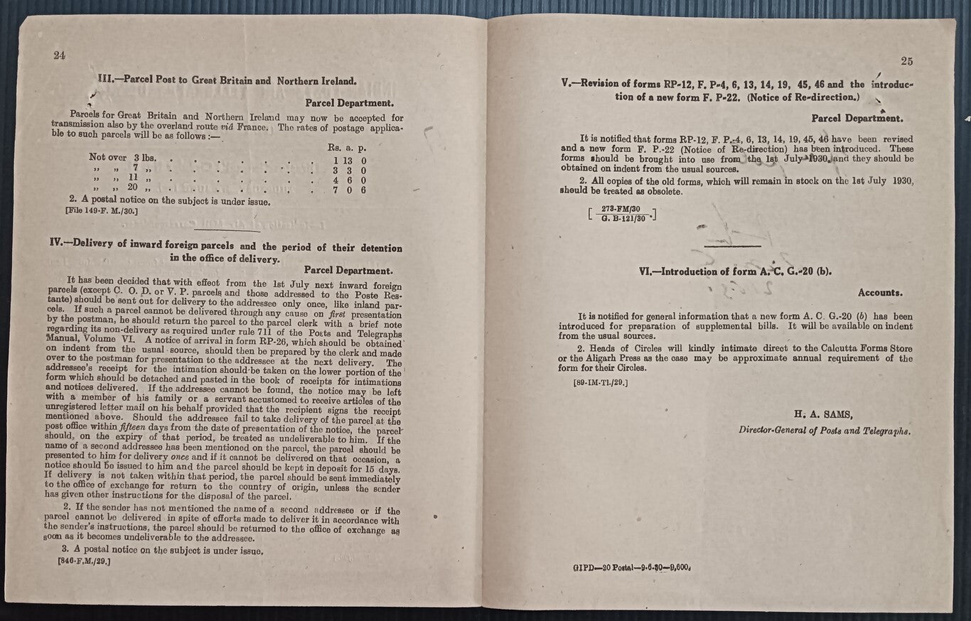 India POSTAL NOTICE 1930 Parcel Post to Britain & Northern Ireland + CIRCULAR
