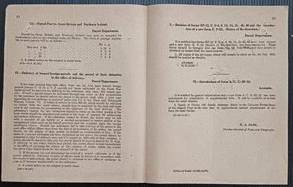 India POSTAL NOTICE 1930 Parcel Post to Britain & Northern Ireland + CIRCULAR