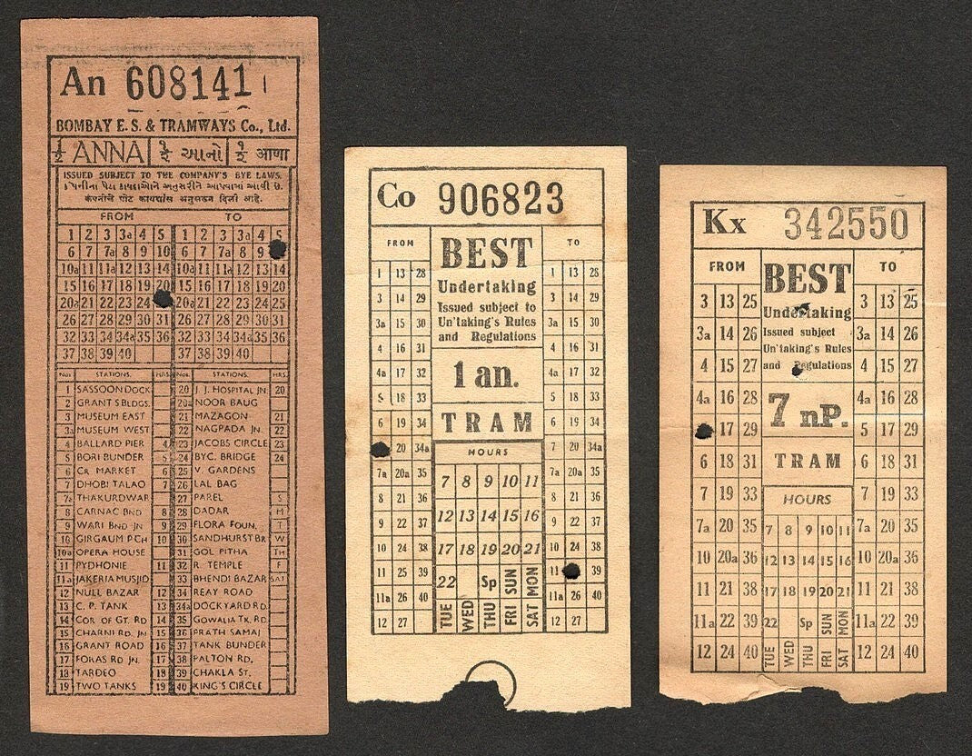 (AOP) India Vintage B.E.S.&T. Tram tickets x 3