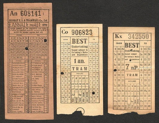 (AOP) India Vintage B.E.S.&T. Tram tickets x 3