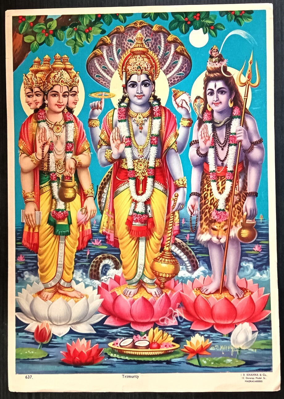 India Hindu Gods Poster TRIMURTY 9.5" x 13.5" inches by J B Khanna