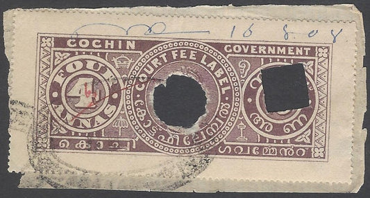 AOP India Cochin State 4a brown revenue stamp