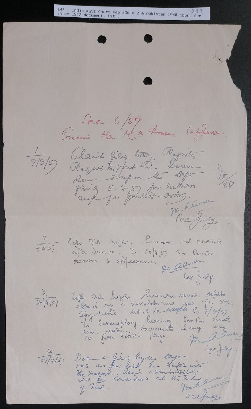 India KGVI Court Fee 20R x 2 on document along with Pakistan Court Fees 5R