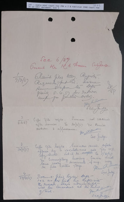 India KGVI Court Fee 20R x 2 on document along with Pakistan Court Fees 5R