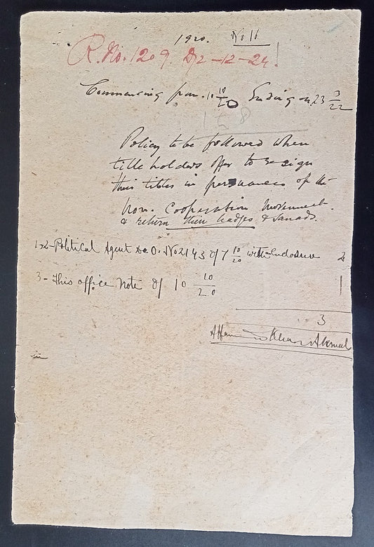 India 1922 Official correspodence about the Non Cooperation Movement