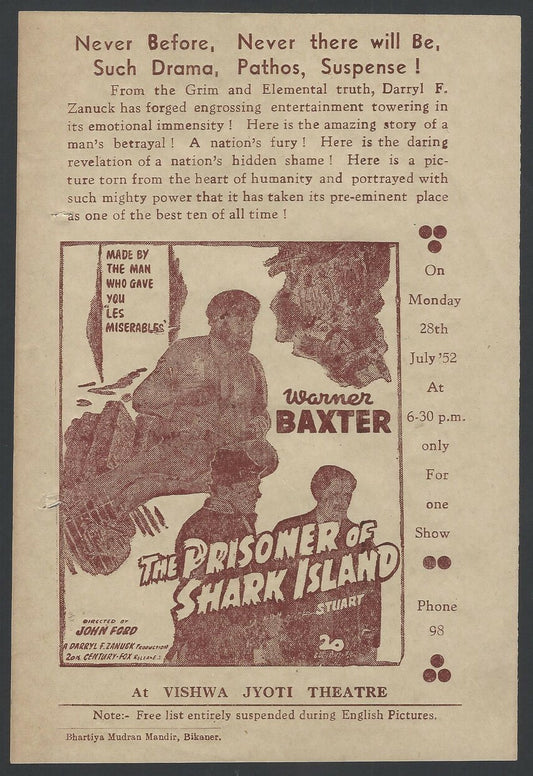The Prisoner on Shark Island 1936 Warner Baxter John Ford Bikaner India herald
