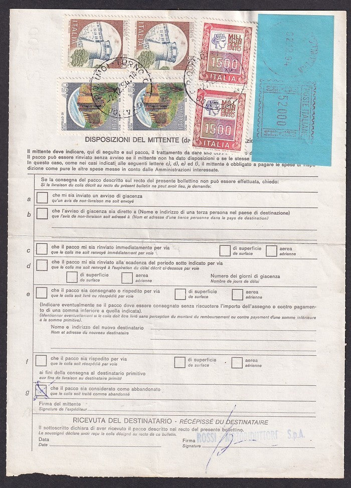 Italy 52000 Lire blue meter label on 1994 parcel card to India