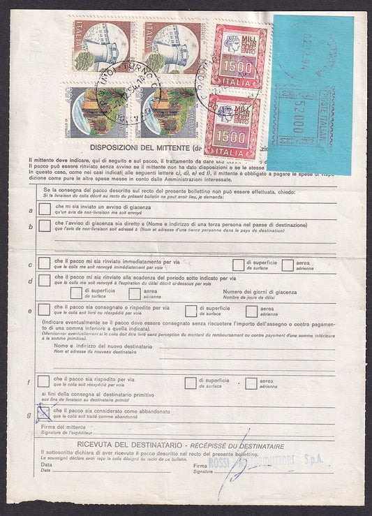 Italy 52000 Lire blue meter label on 1994 parcel card to India
