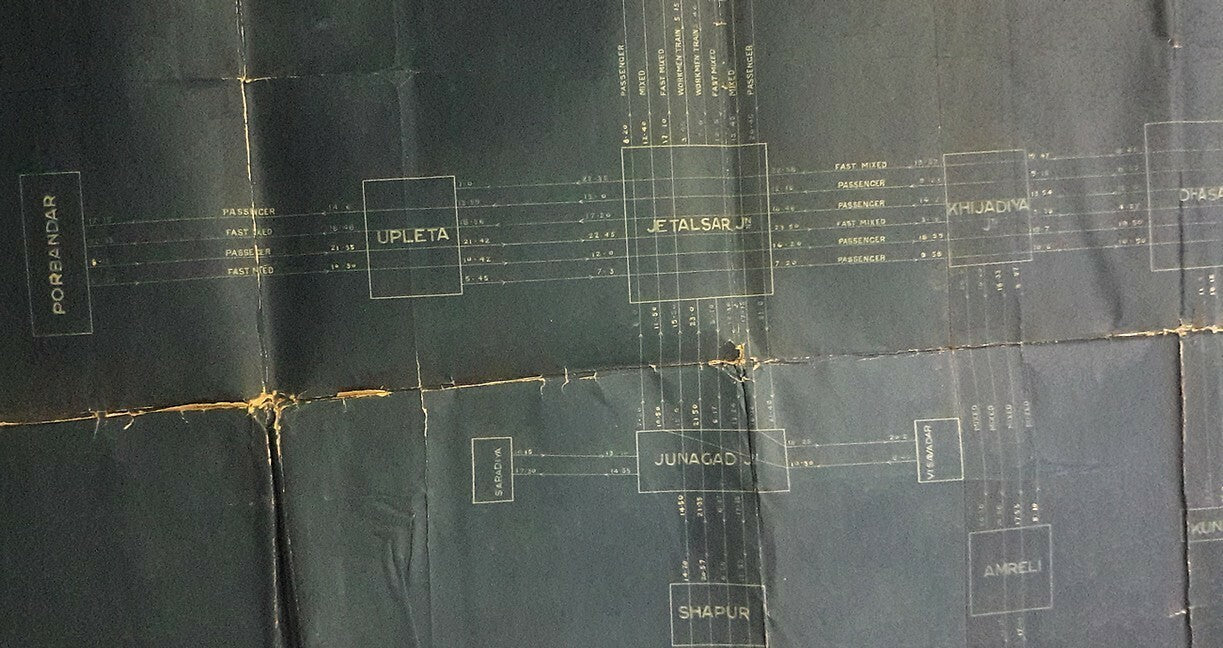 India 1916 Kathiawar Railways complete routes & timings map blue print 36” x 49”