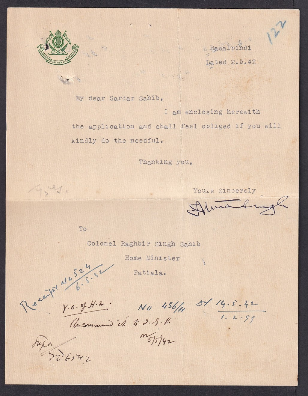 India 1942 crested letter RAI BAHADUR BOOTA SINGH C.I.E. OF RAWALPINDI