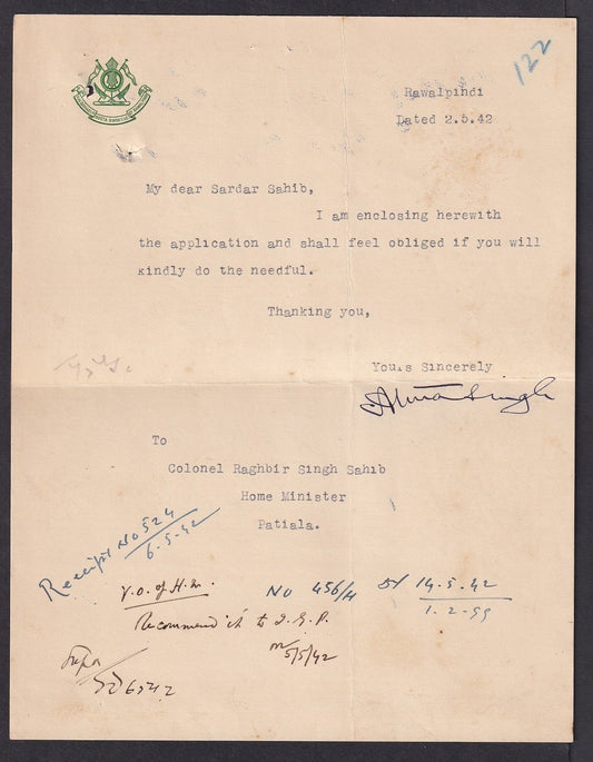 India 1942 crested letter RAI BAHADUR BOOTA SINGH C.I.E. OF RAWALPINDI