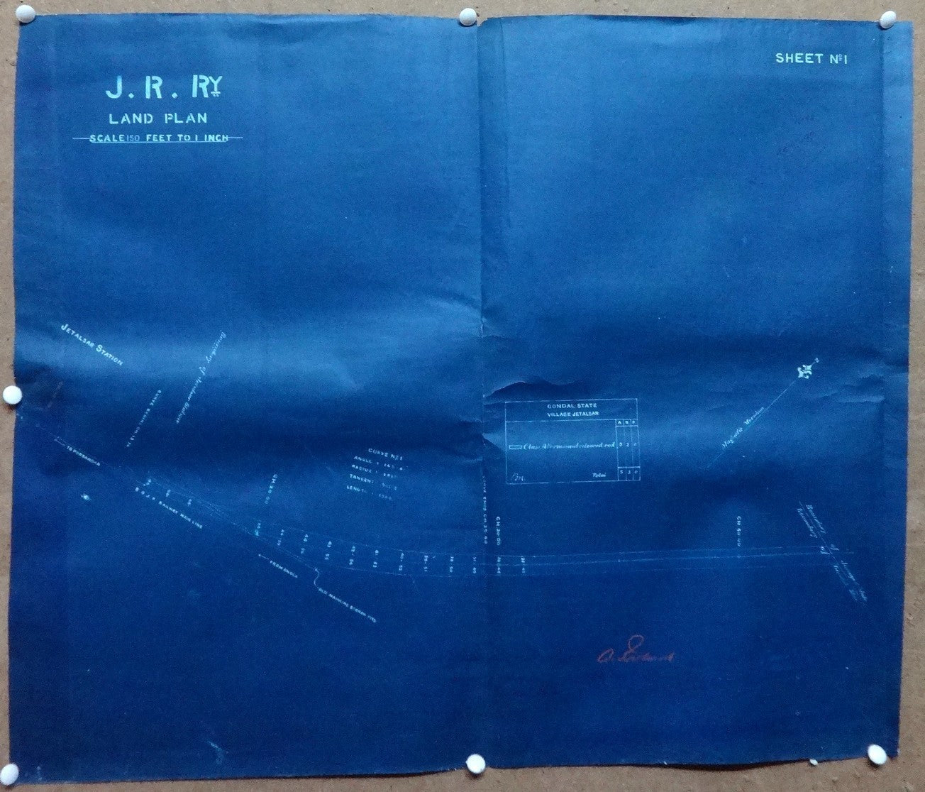 India 1899 Jetalsar Rajkot Railway signed LAND PLAN map blue print 20.5” x 36”