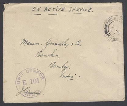 AOP India WW2 1943 On Active Service cover FPO 145 & Unit Censor E 101