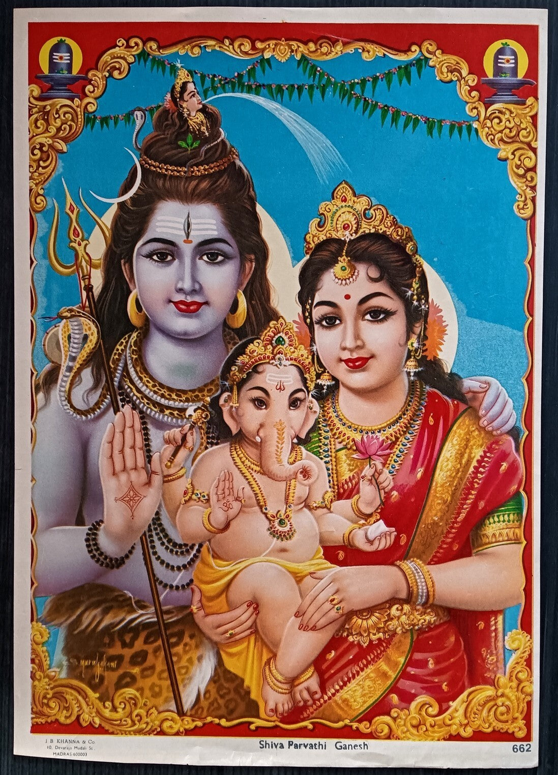 India Shiva Parvati Ganesha J. B. Khanna 9.5" x 13.5" vintage Hindu poster