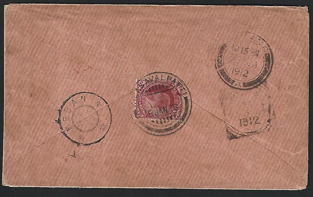 India 1912 postage due cover to Medan, Netherland Indies with Marine TPO
