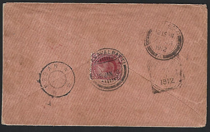 India 1912 postage due cover to Medan, Netherland Indies with Marine TPO