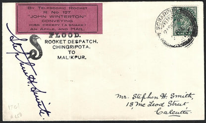 India ROCKET MAIL 1936 Flood Rocket John Winterton, Chingripota cover. #EZ 17C1