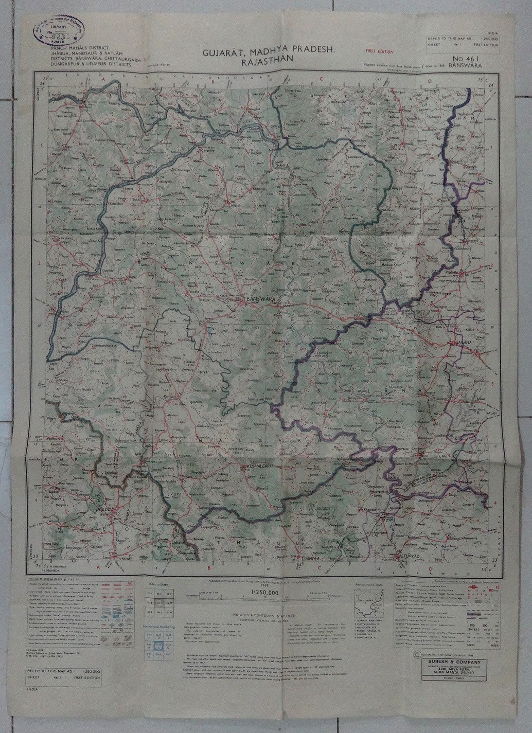 India 1968 canvas backed (1937 survey) detailed map of Banswara 18” x 35”