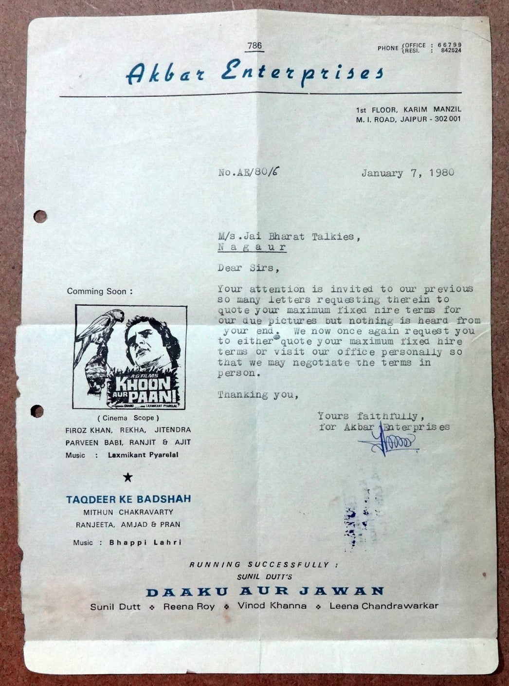 Akbar Ent Movie distributors illustrated letterhead KHOON PASINA Bollywood India