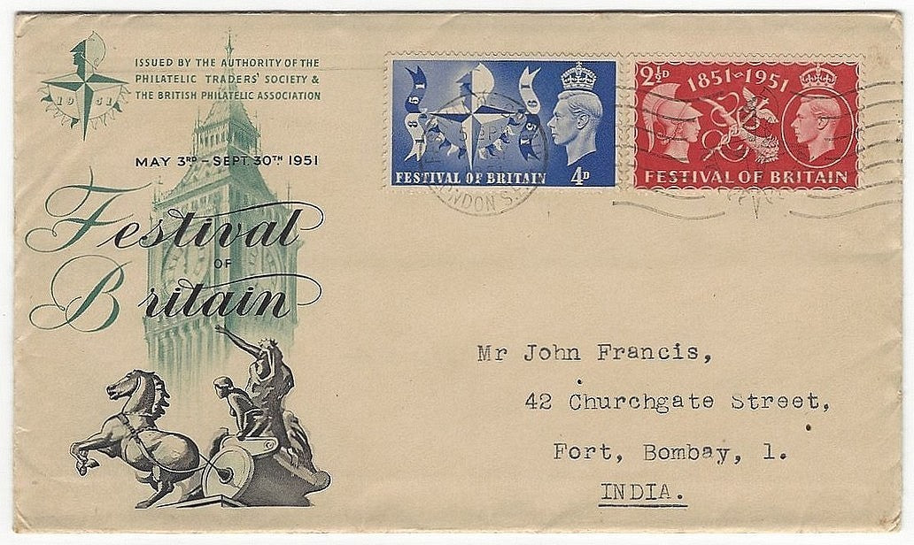 GB 1951 Festival of Britian Souvenir cover to India. NOT FDC.