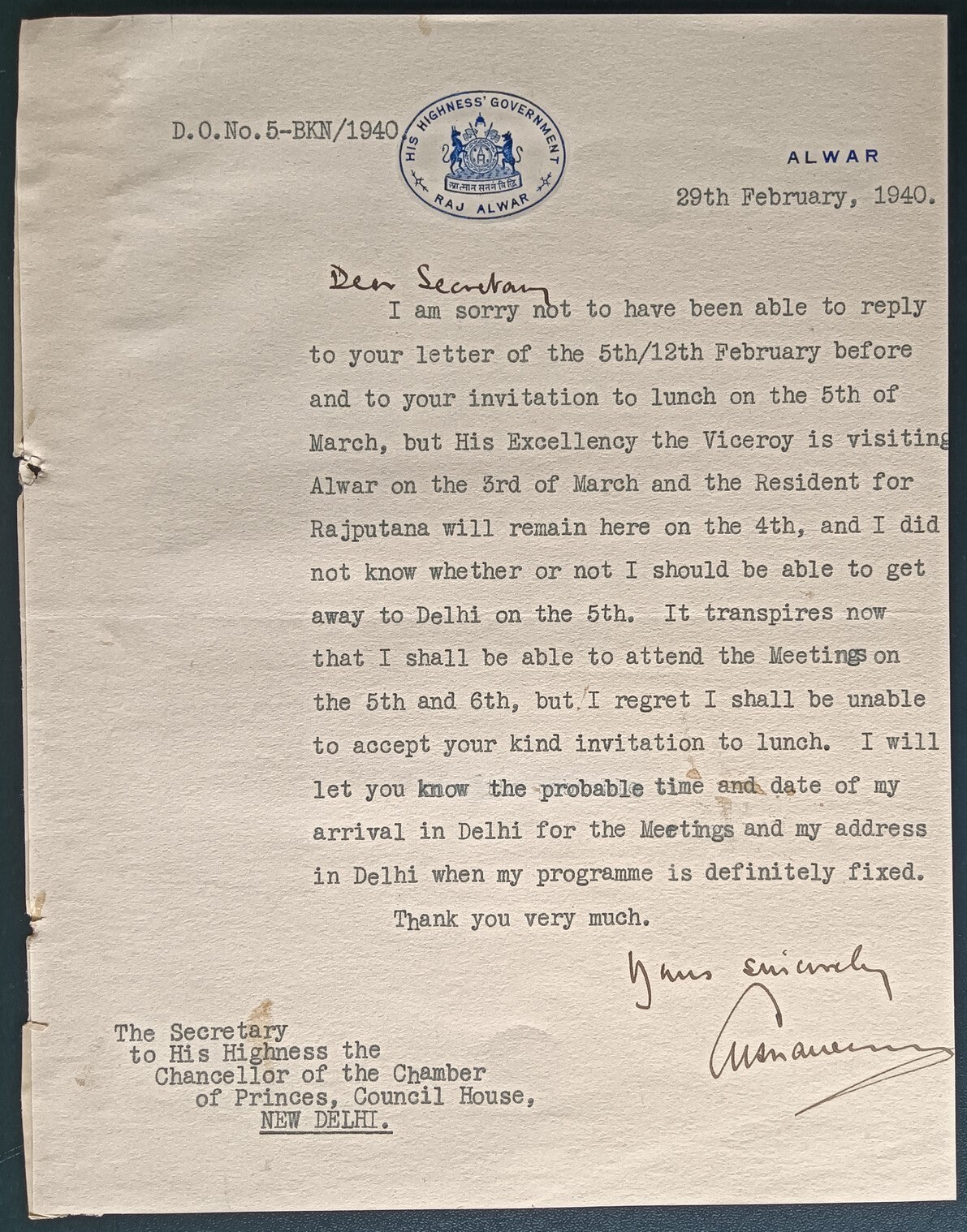 India 1940 crested letter ALWAR STATE