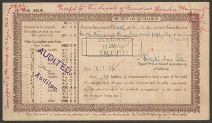 (AOP) India 1936 Post Office 5 Year Cash Certificate 1000R